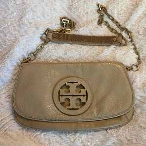 Tory Burch Metallic Tan Leather Chain Shoulder Bag with Logo Medallion